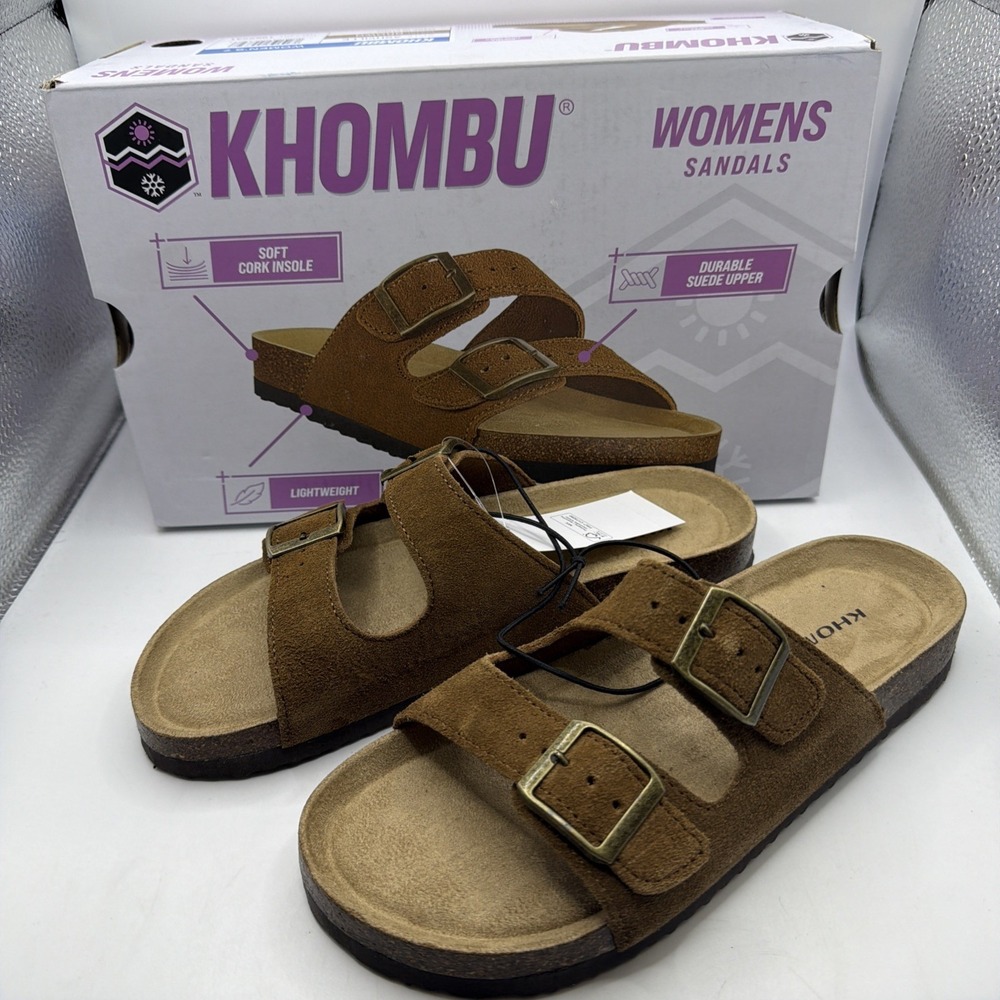Khombu Women's Brown Suede Leather Double-Buckle Slide Sandals Size 8